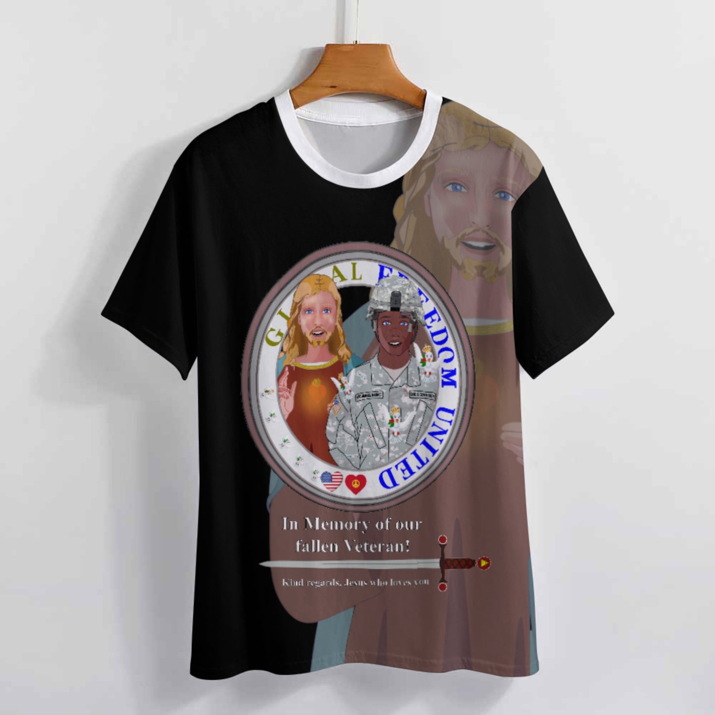 Women´s T-Shirt Black GLOBAL FREEDOM UNITED© Jesus Christ For Fallen Veteran Afro American Soldiers V3