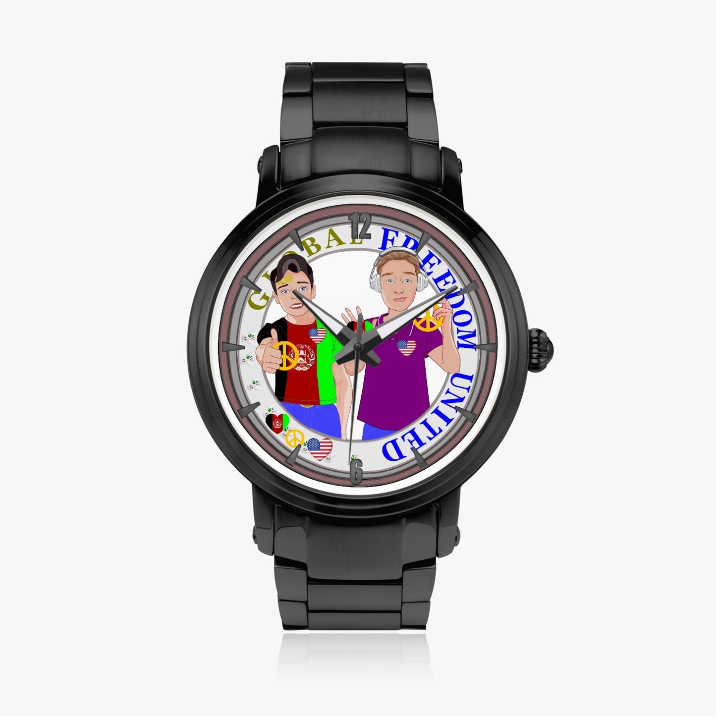 GLOBAL FREEDOM UNITED© New Steel Strap Automatic Watch (With Indicators) Men Afghanistan & USA V1