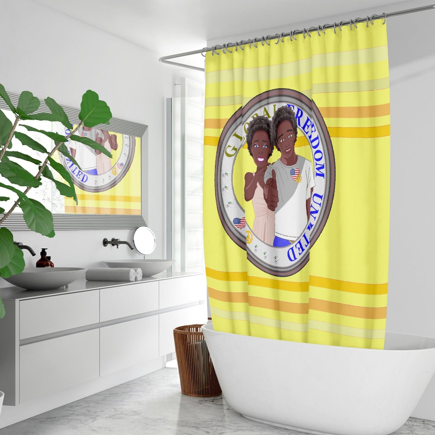 Quick-drying Shower Curtain GLOBAL FREEDOM UNITED© Couple USA Afro American Yellow