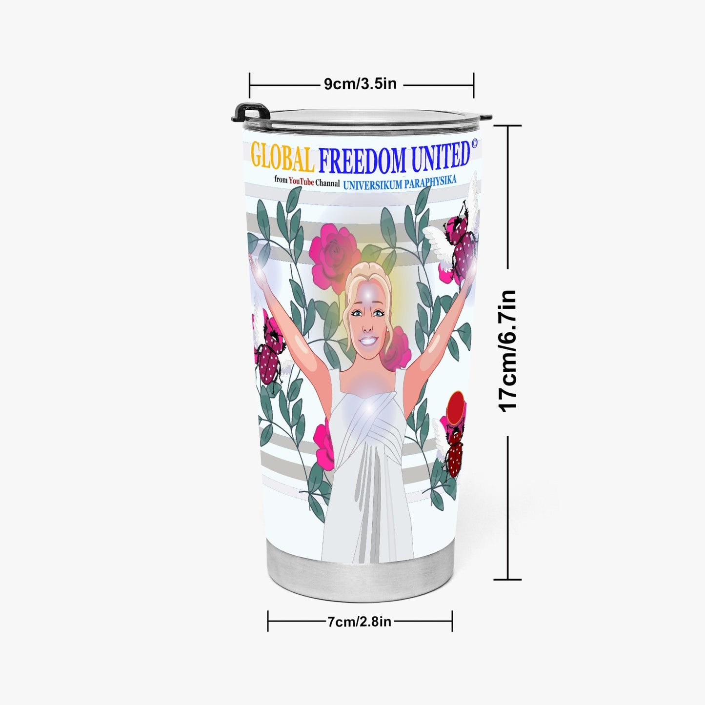 Tumbler GLOBAL FREEDOM UNITED© UNIVERSIKUM PARAPHYSIKA SPIRITUEL Pink ROSES with Skarabeus Beetle