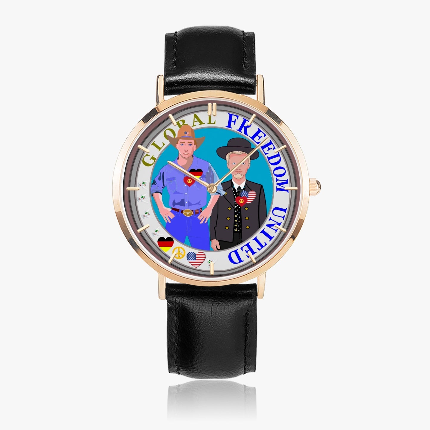 GLOBAL FREEDOM UNITED© Hot Selling Ultra-Thin Leather Strap Quartz Watch (Rose Gold With Indicators) Men Germany & USA