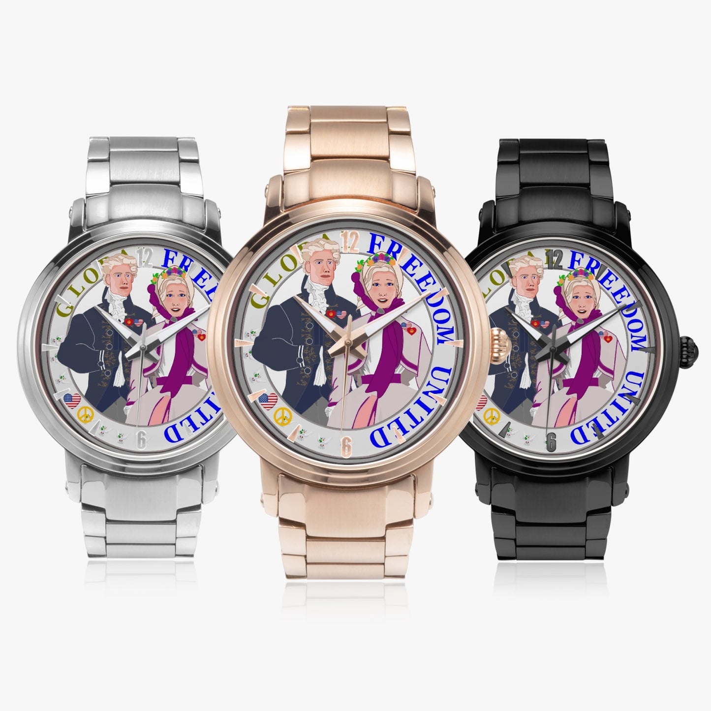 GLOBAL FREEDOM UNITED© Couple USA Georg Washington - New Steel Strap Automatic Watch (With Indicators)