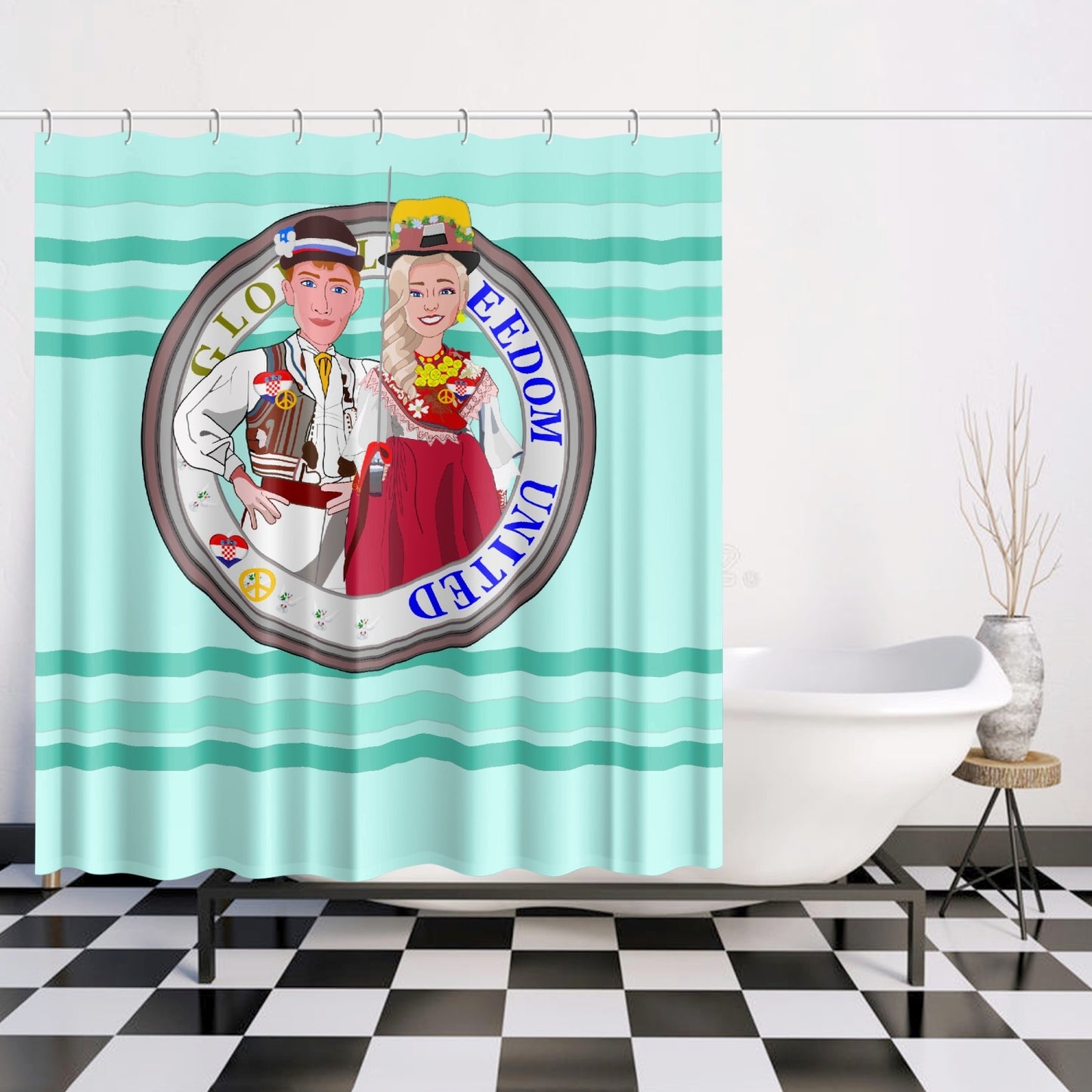 GLOBAL FREEDOM UNITED© Couple Croatia Light Green - Quick-drying Shower Curtain