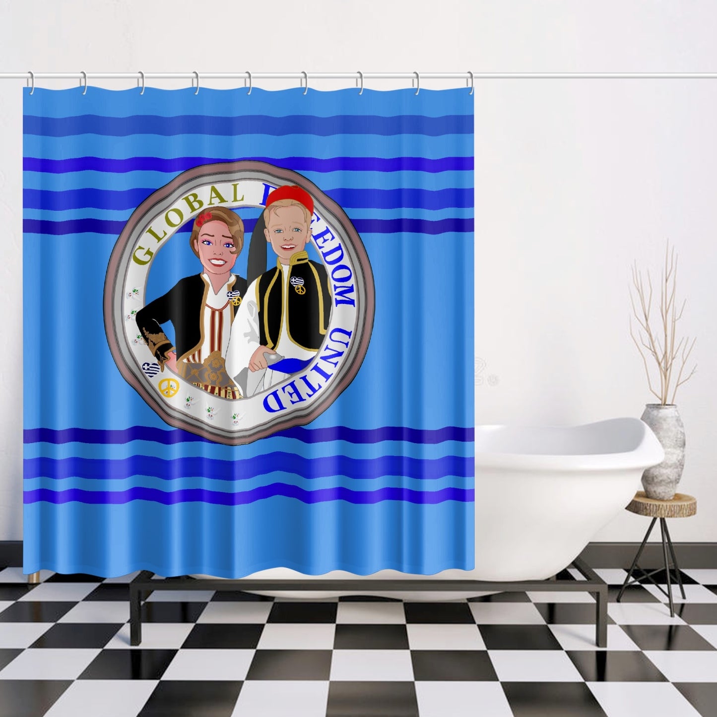 GLOBAL FREEDOM UNITED© Couple Greece Deep Blue Quick-drying Shower Curtain