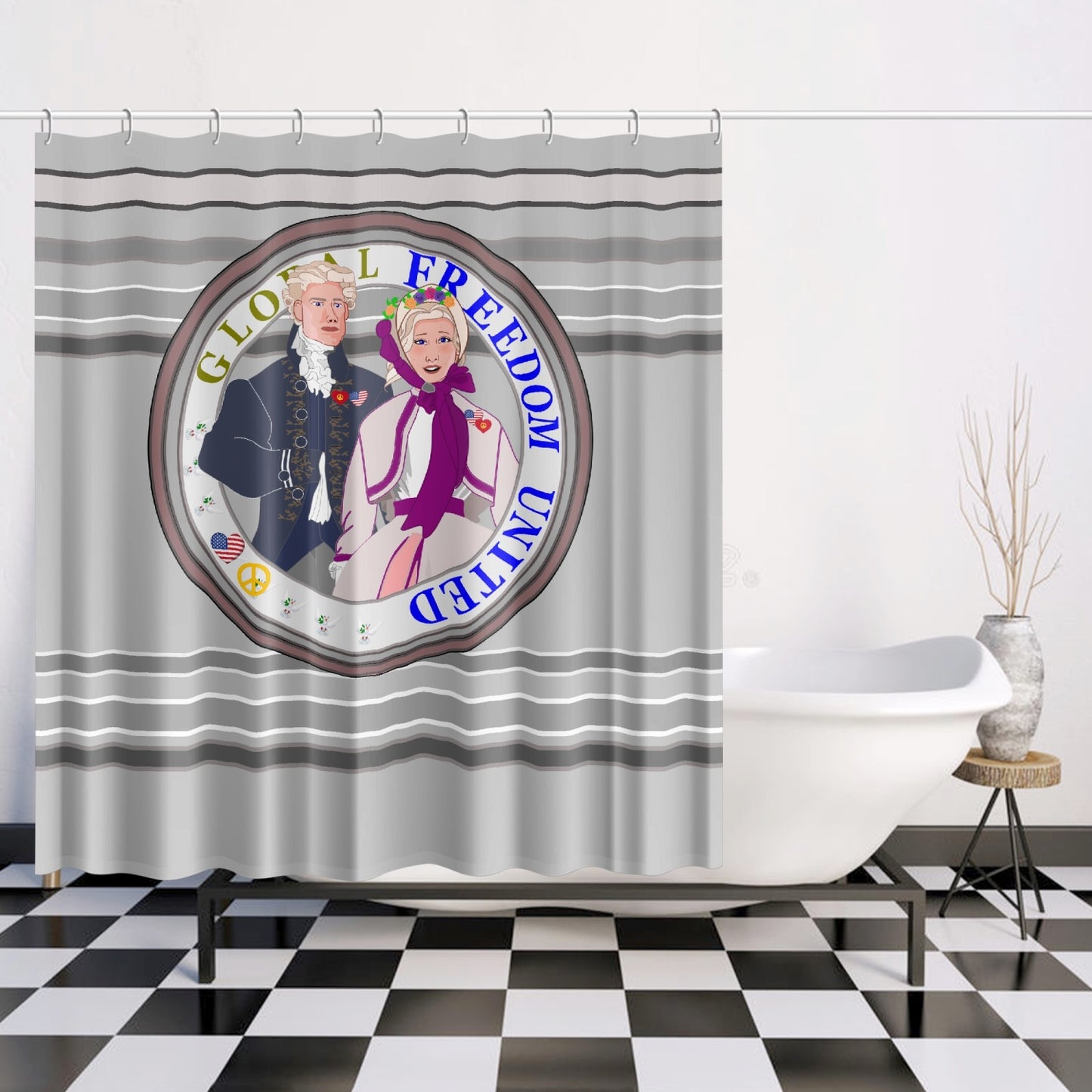 GLOBAL FREEDOM UNITED© Couple USA Georg Washington Grey - Quick-drying Shower Curtain