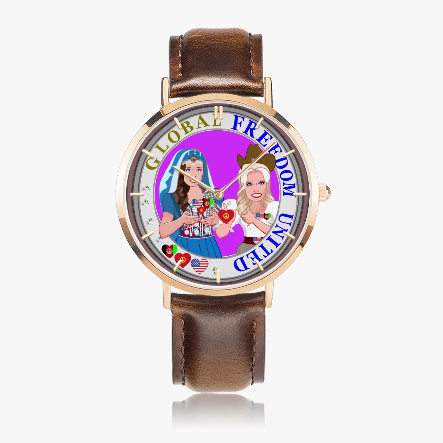 GLOBAL FREEDOM UNITED©  Hot Selling Ultra-Thin Leather Strap Quartz Watch (Rose Gold With Indicators) Women Afghanistan & USA