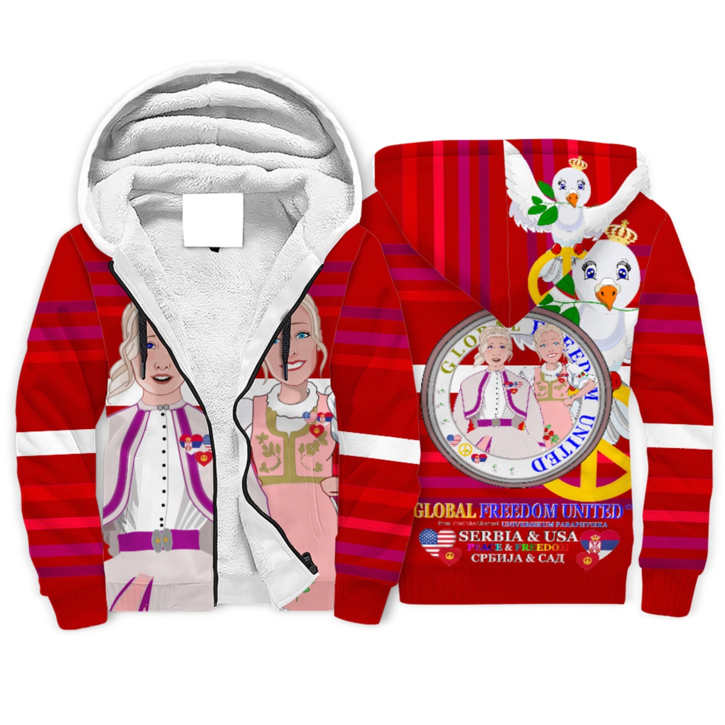 Plush Hoodie GLOBAL FREEDOM UNITED© Women Serbia & USA Red