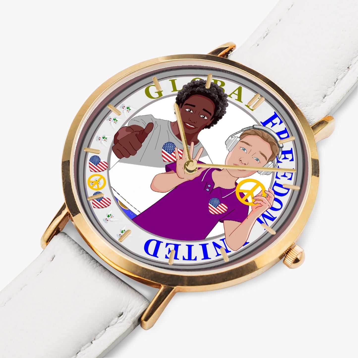 GLOBAL FREEDOM UNITED© Hot Selling Ultra-Thin Leather Strap Quartz Watch (Rose Gold With Indicators) Men ANTI FASCISM & RACISM  USA