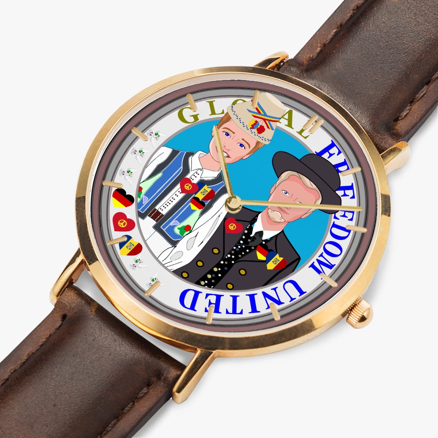 GLOBAL FREEDOM UNITED© Hot Selling Ultra-Thin Leather Strap Quartz Watch (Rose Gold With Indicators) Men Romania & Germany