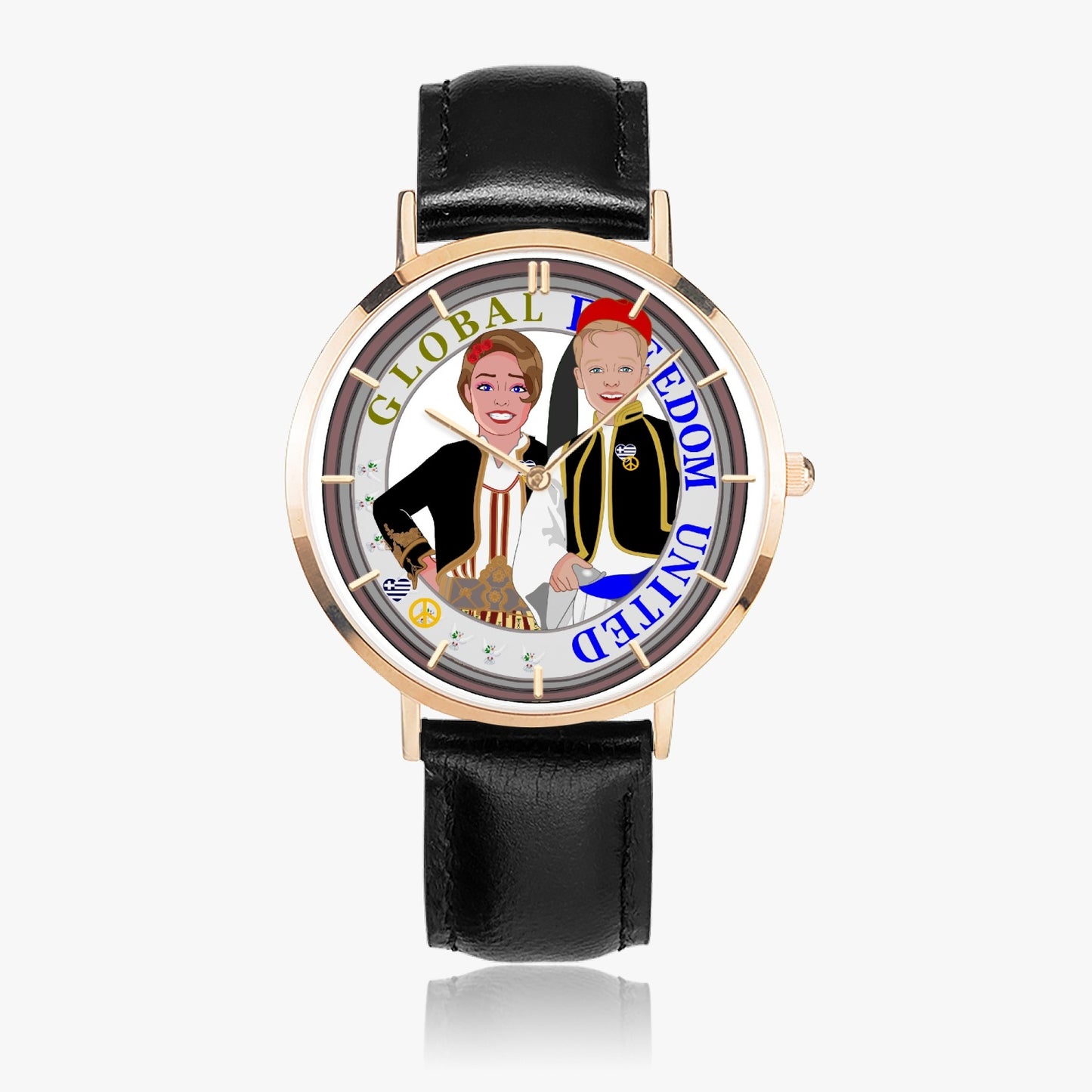 Hot Selling Ultra-Thin Leather Strap Quartz Watch (Rose Gold With Indicators) GLOBAL FREEDOM UNITED© Couple Greece