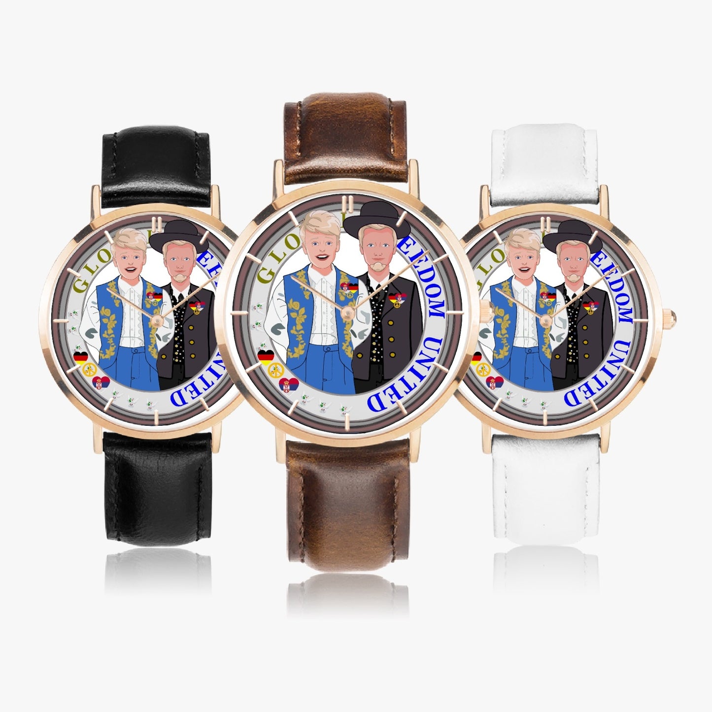 GLOBAL FREEDOM UNITED© Men Serbia & Germany V2 Hot Selling Ultra-Thin Leather Strap Quartz Watch (Rose Gold With Indicators)