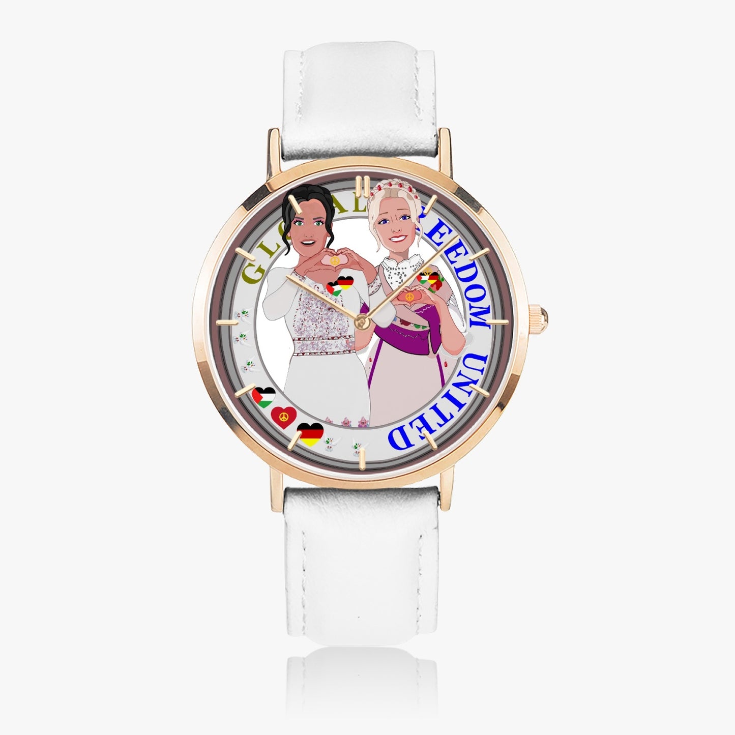 GLOBAL FREEDOM UNITED© Hot Selling Ultra-Thin Leather Strap Quartz Watch (Rose Gold With Indicators) Women Palestina & Germany