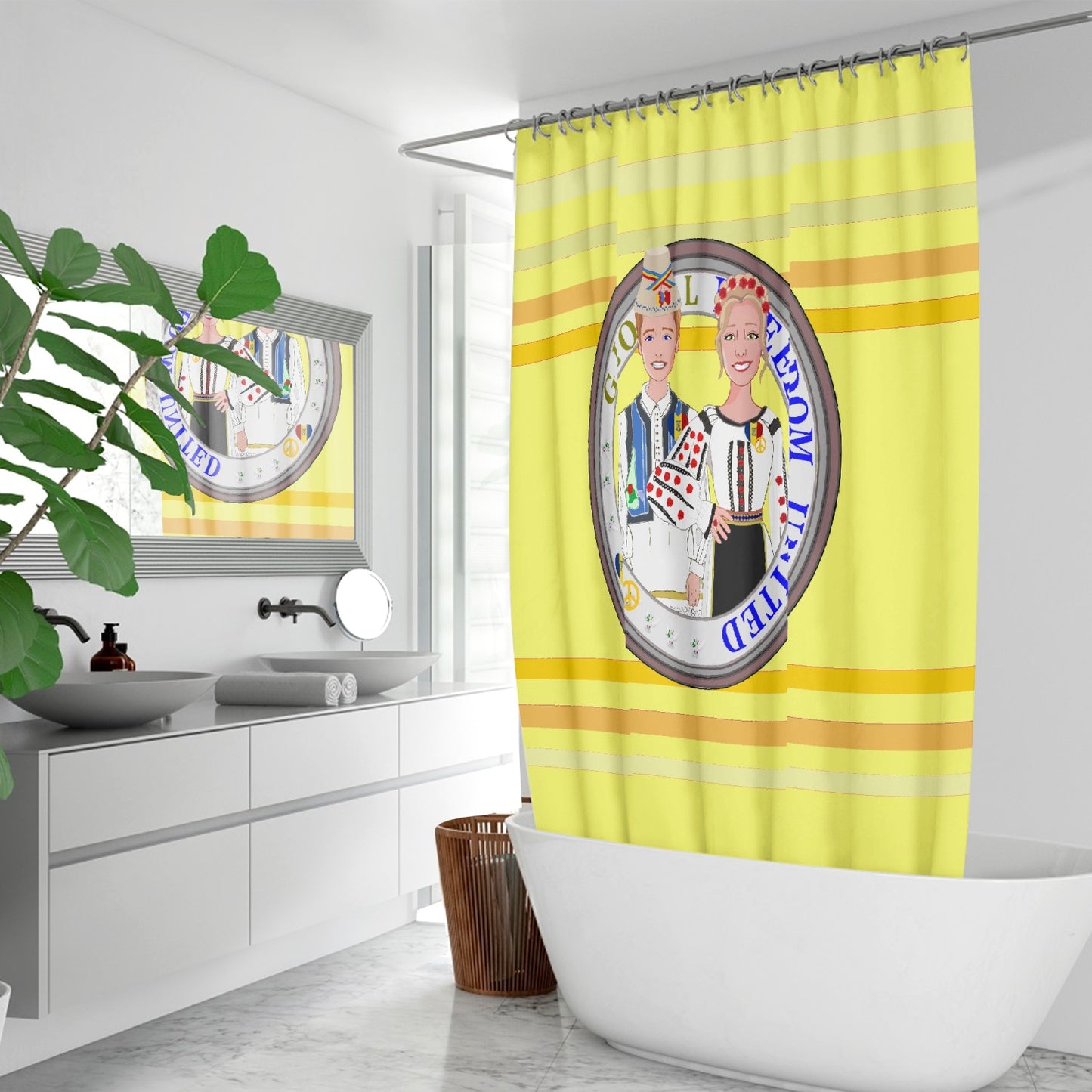 GLOBAL FREEDOM UNITED© Couple Romania Yellow - Quick-drying Shower Curtain