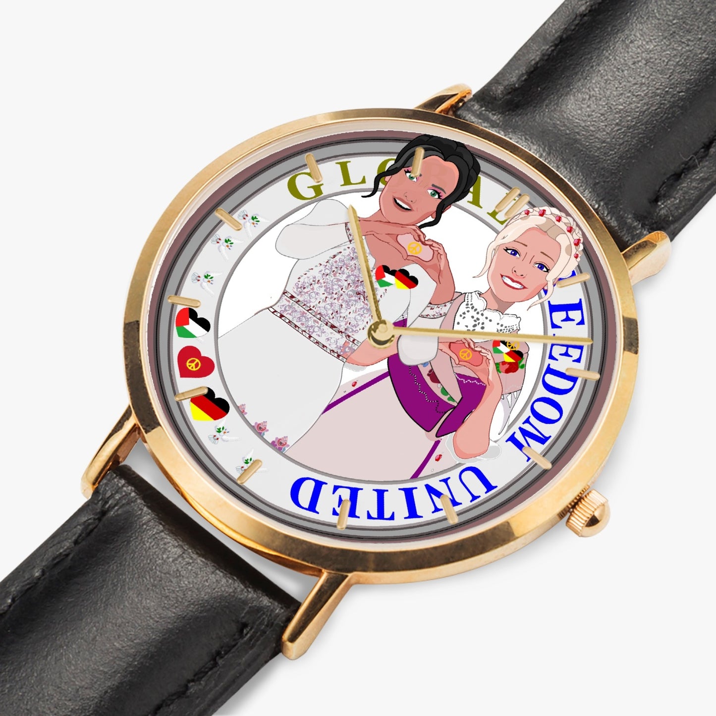 GLOBAL FREEDOM UNITED© Hot Selling Ultra-Thin Leather Strap Quartz Watch (Rose Gold With Indicators) Women Palestina & Germany