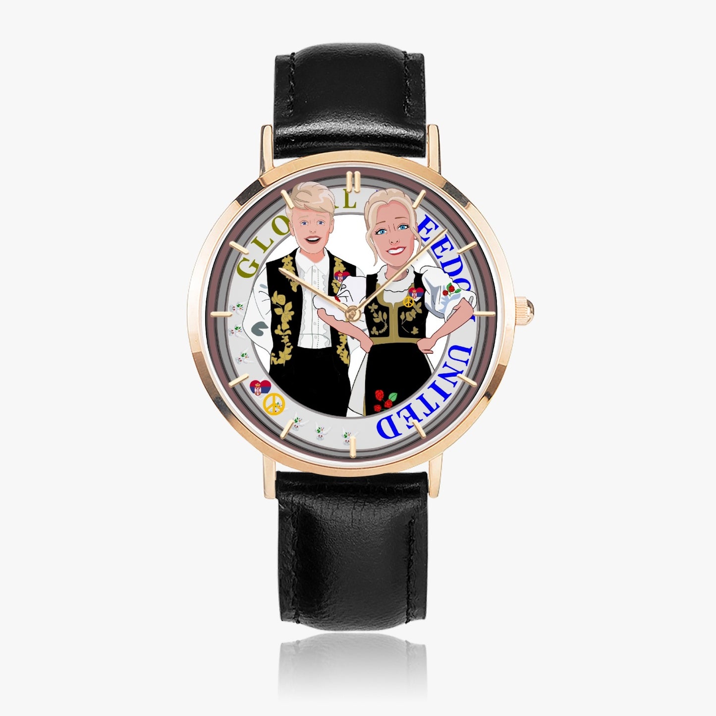 Hot Selling Ultra-Thin Leather Strap Quartz Watch (Rose Gold With Indicators) GLOBAL FREEDOM UNITED COUPLE SERBIA BLACK
