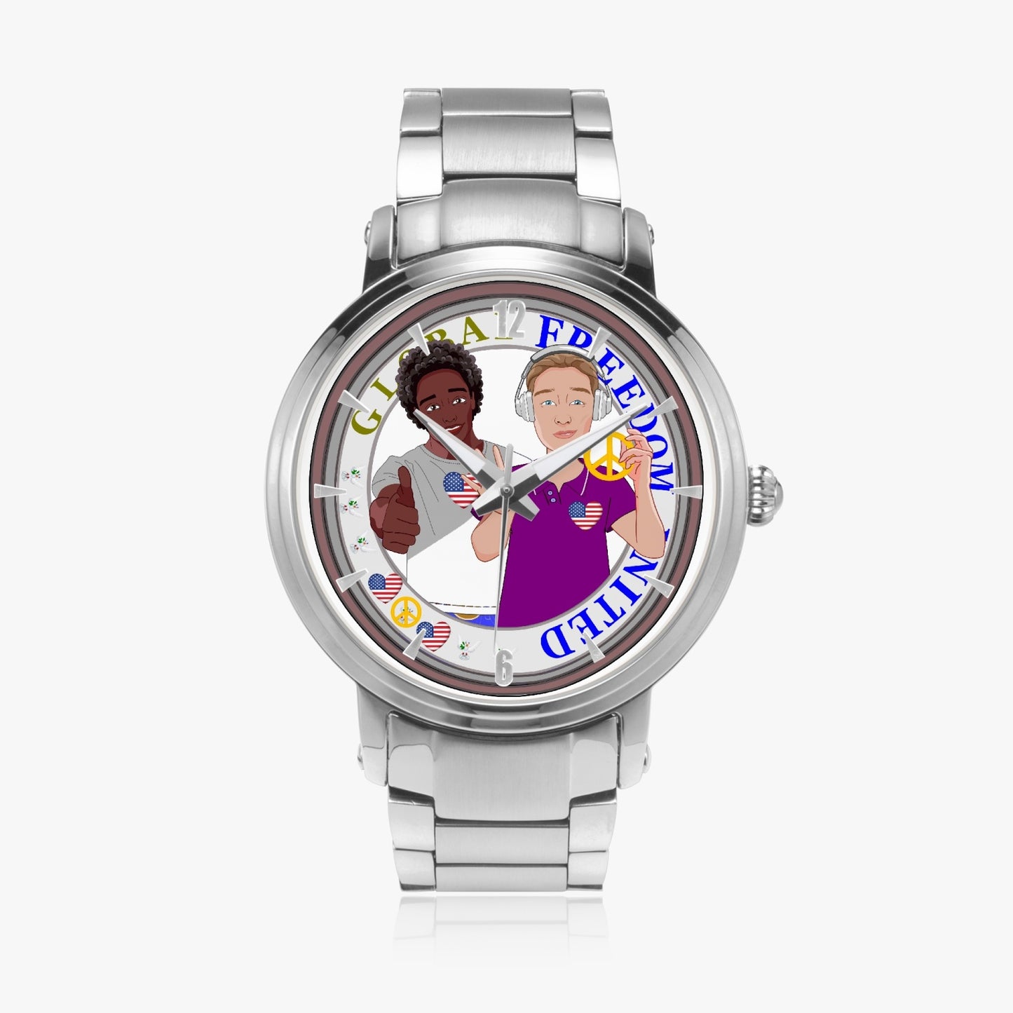 GLOBAL FREEDOM UNITED© New Steel Strap Automatic Watch (With Indicators) Men ANTI FASCISM & RACISM USA