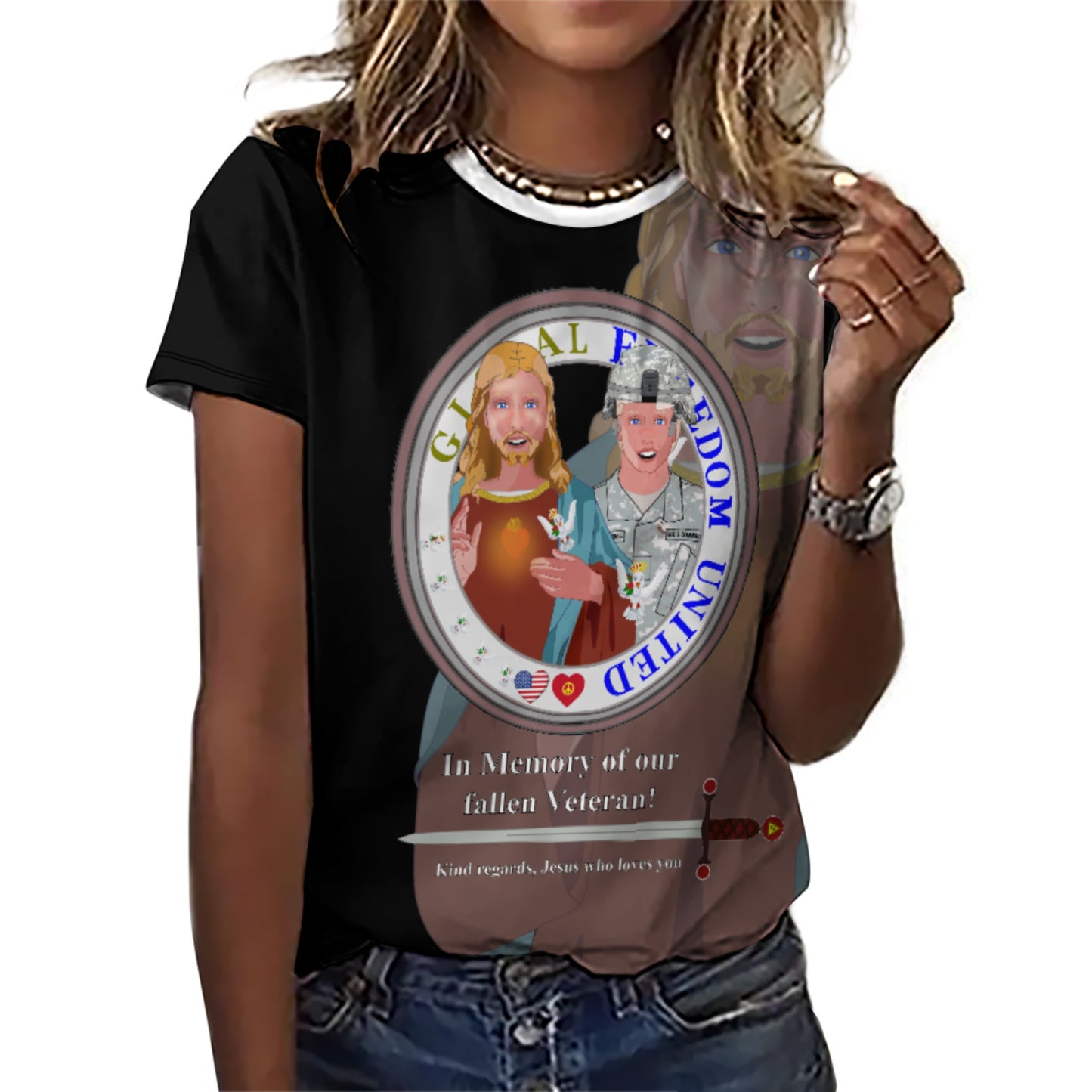 Women´s T-shirt Black GLOBAL FREEDOM UNITED© Jesus Christ For Fallen Veteran US Afro American Soldiers V4