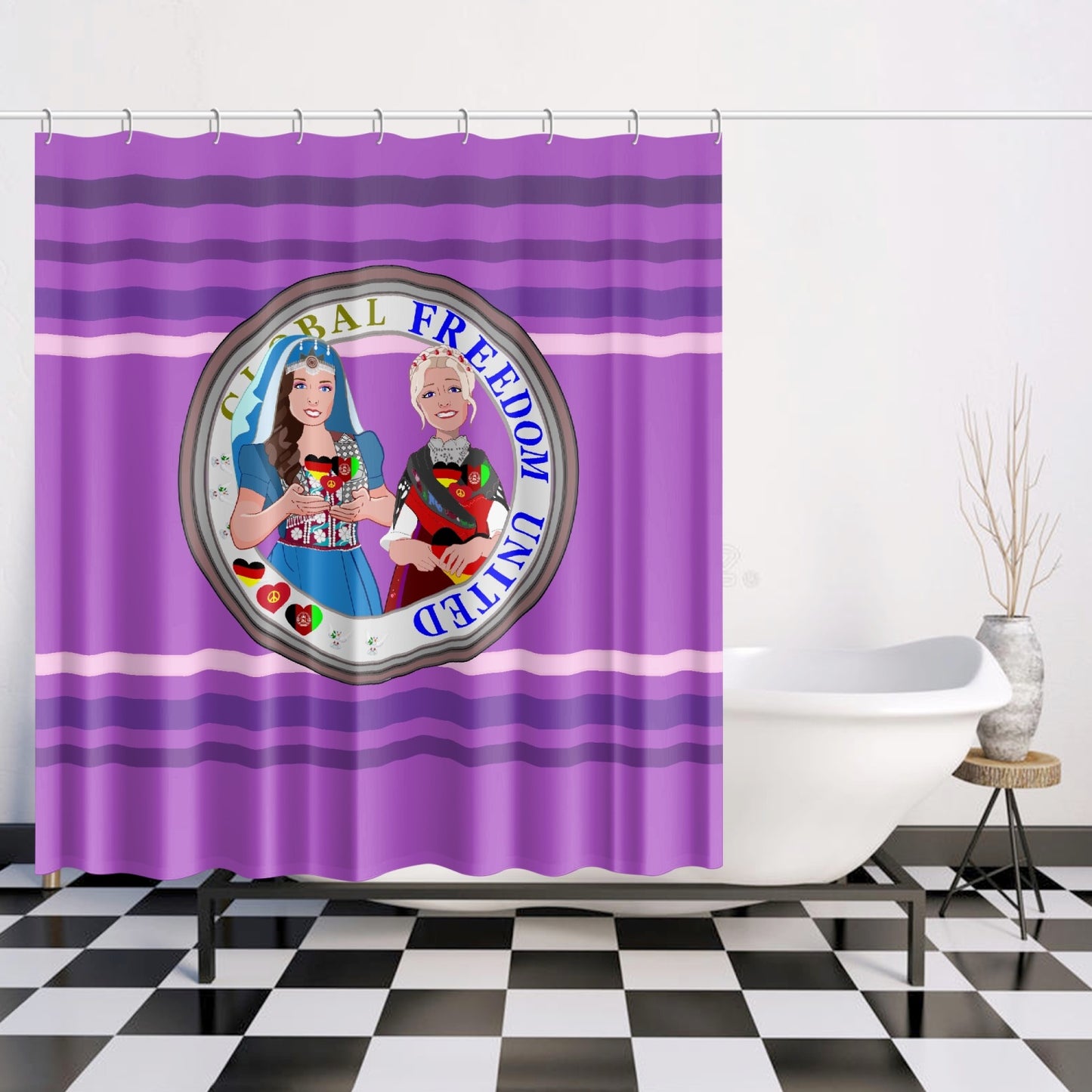 Quick-drying Shower Curtain GLOBAL FREEDOM UNITED© Women Afghanistan & Germany Lilac