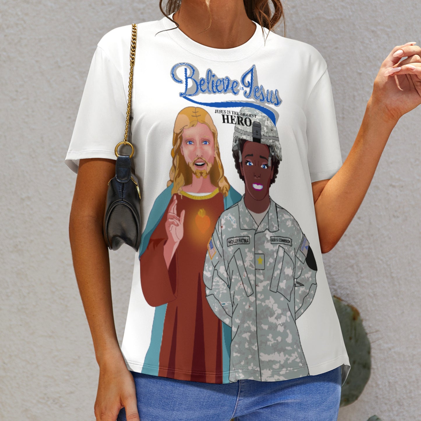 Women´s Wight T-Shirt GLOBAL FREEDOM UNITED© Jesus Christ For US American Hero Afro American Soldiers V2