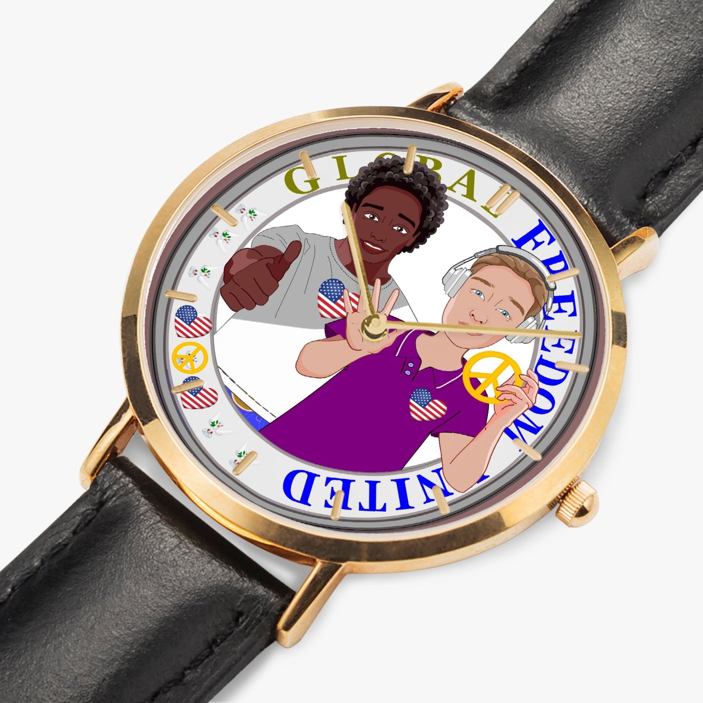 GLOBAL FREEDOM UNITED© Hot Selling Ultra-Thin Leather Strap Quartz Watch (Rose Gold With Indicators) Men ANTI FASCISM & RACISM  USA