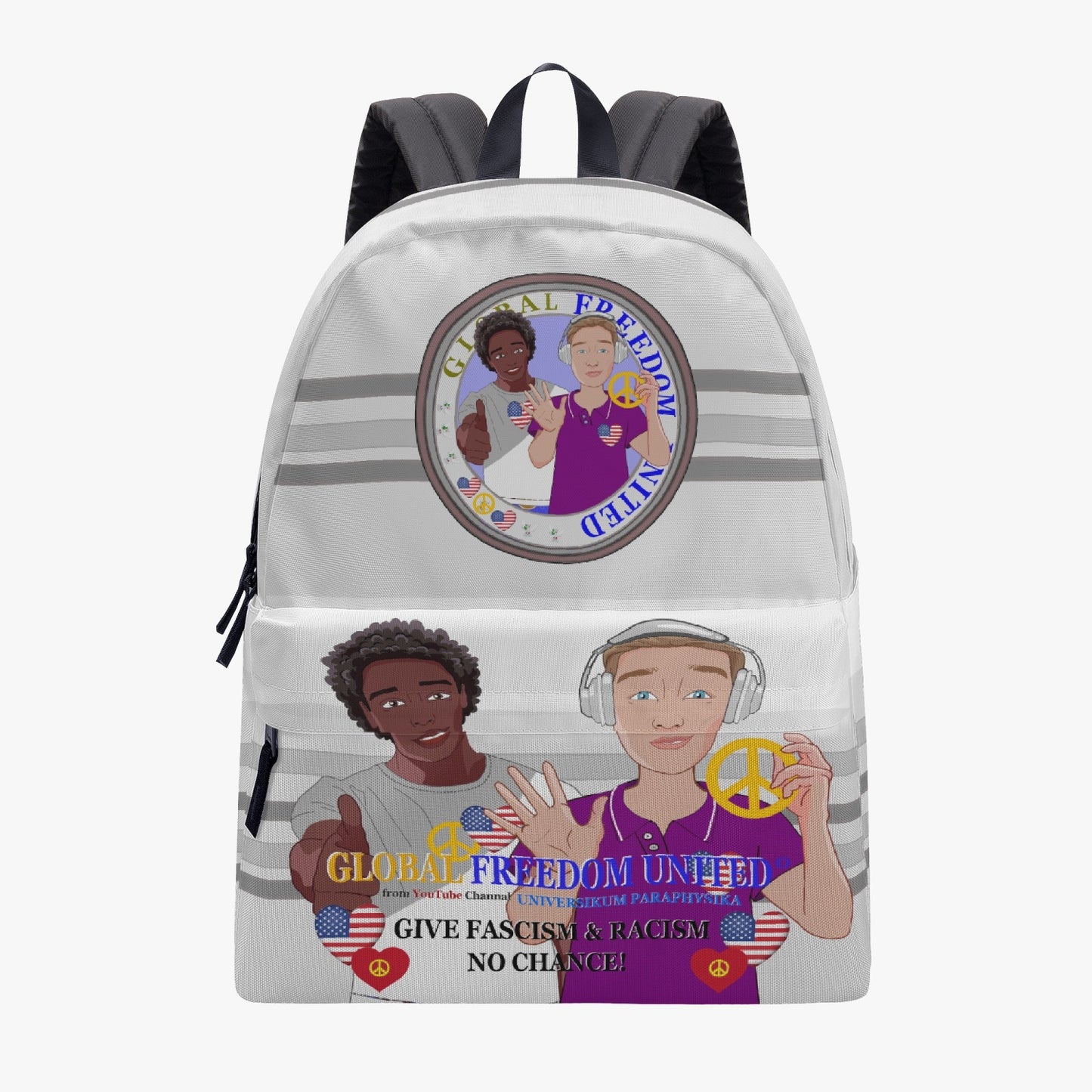 GLOBAL FREEDOM UNITED MEN ANTI FASCISM & RACISM OLD PEACE GREY All-over-print Canvas Backpack