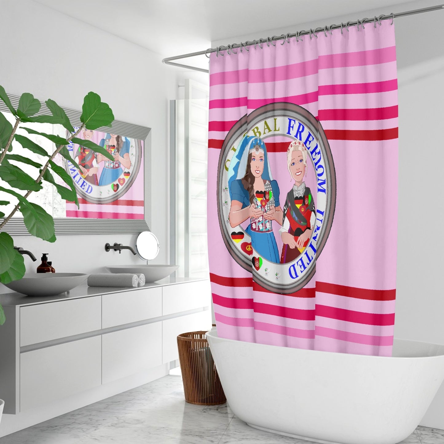 Quick-drying Shower Curtain GLOBAL FREEDOM UNITED© Women Afghanistan & Germany Pink