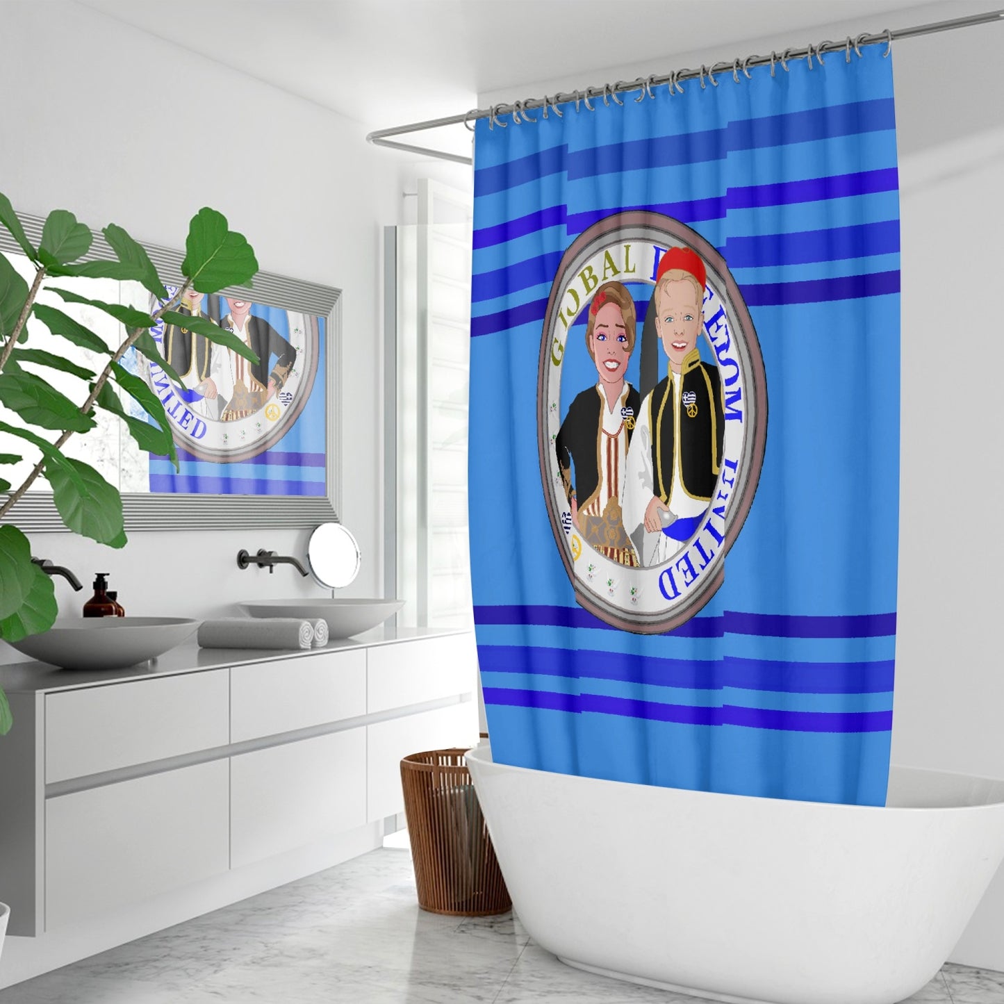 GLOBAL FREEDOM UNITED© Couple Greece Deep Blue Quick-drying Shower Curtain