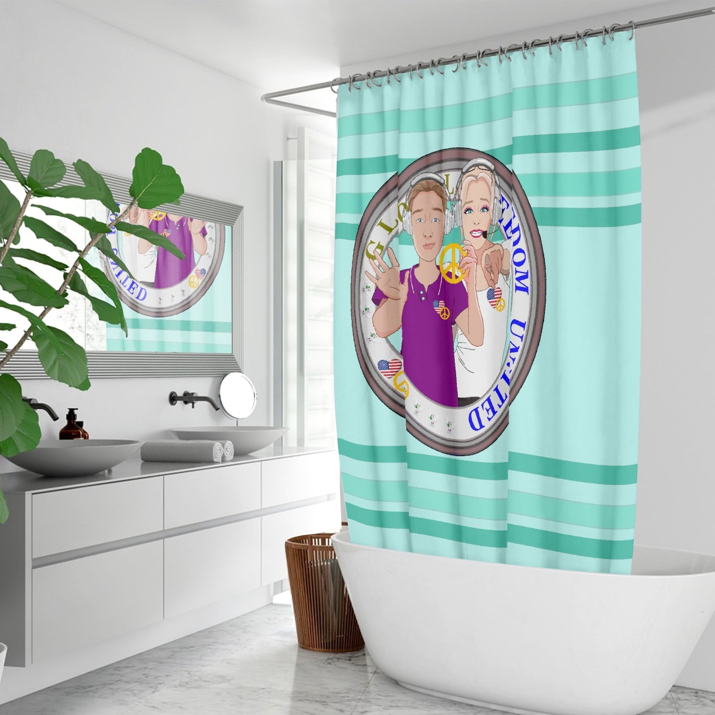 Quick-drying Shower Curtain GLOBAL FREEDOM UNITED© Couple USA Wight American Light Green