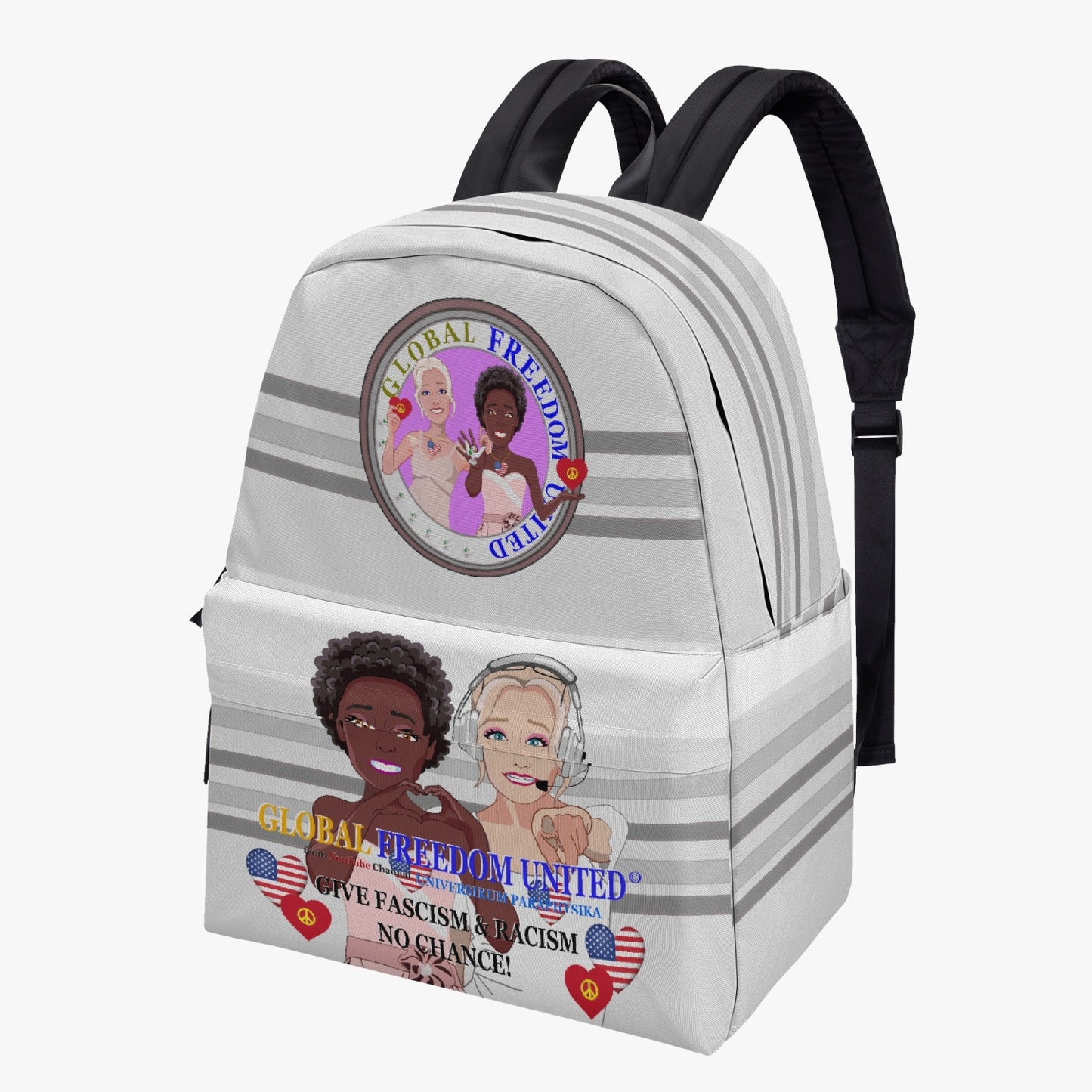 GLOBAL FREEDOM UNITED WOMEN ANTI FASCISM & RACISM OLD PEACE GREY All-over-print Canvas Backpack