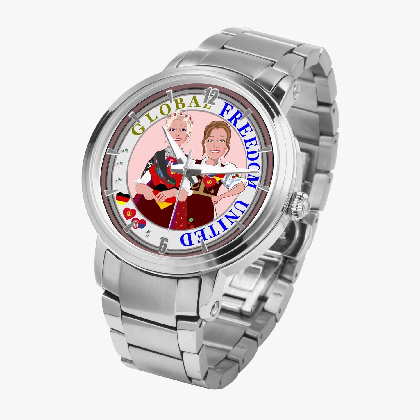 New Steel Strap Automatic Watch (With Indicators) GLOBAL FREEDOM UNITED© Women Serbia & Germany BROWN HAIR
