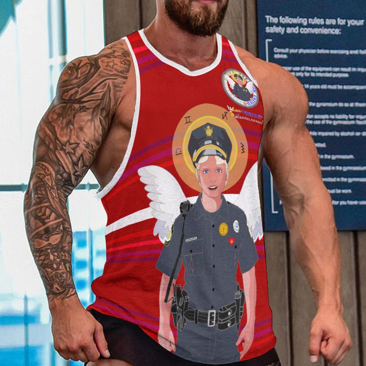 Bodybuilder Vest  GLOBAL FREEDOM UNITED© Archangel Michael As Policemen Red