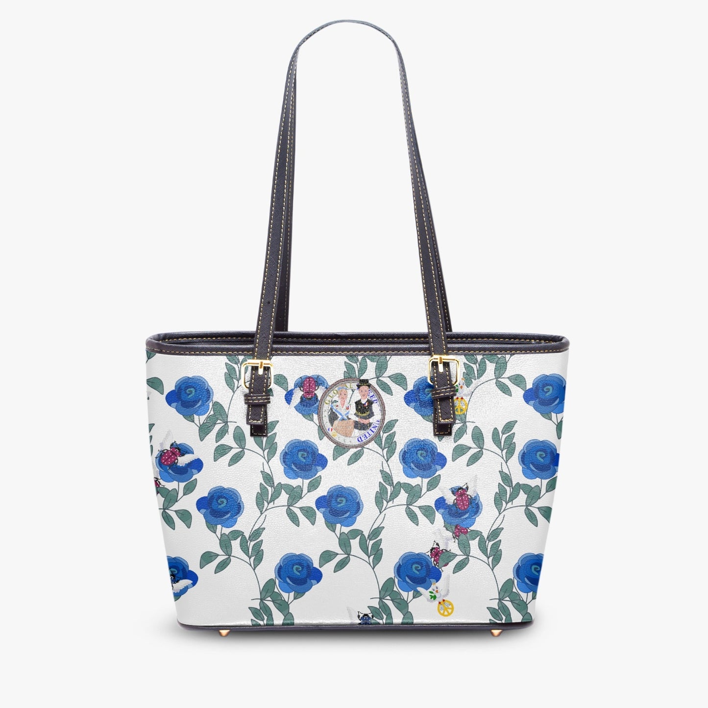 GLOBAL FREEDOM UNITED© Couple French Blue Roses - Large Leather Tote Bag for Women