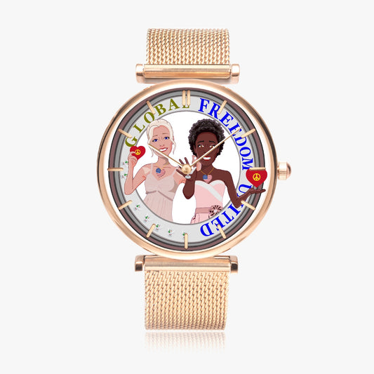 GLOBAL FREEDOM UNITED© New Stylish Ultra-Thin Quartz Watch (With Indicators) Women ANTI FASCISM & RACISM USA