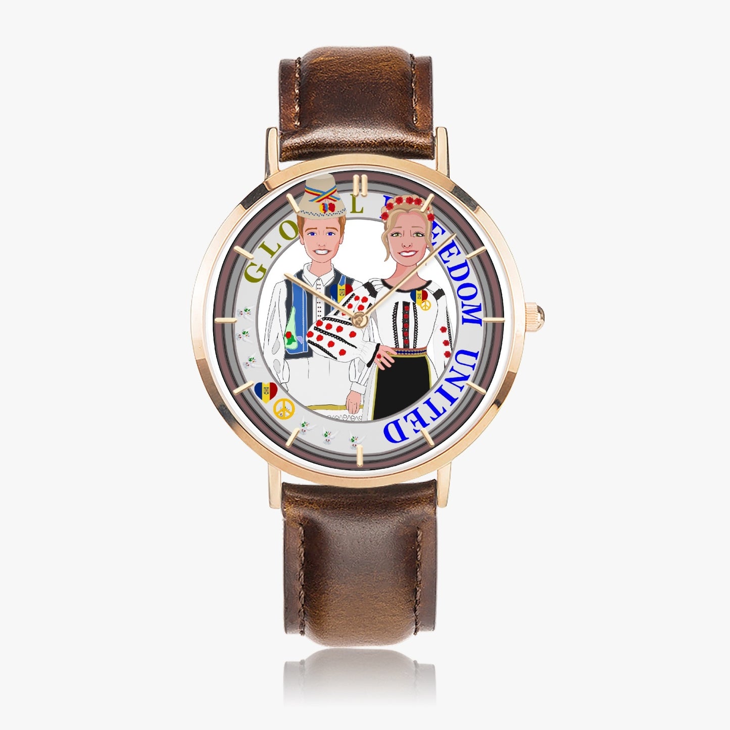 Hot Selling Ultra-Thin Leather Strap Quartz Watch (Rose Gold With Indicators) GLOBAL FREEDOM UNITED© Couple Romania