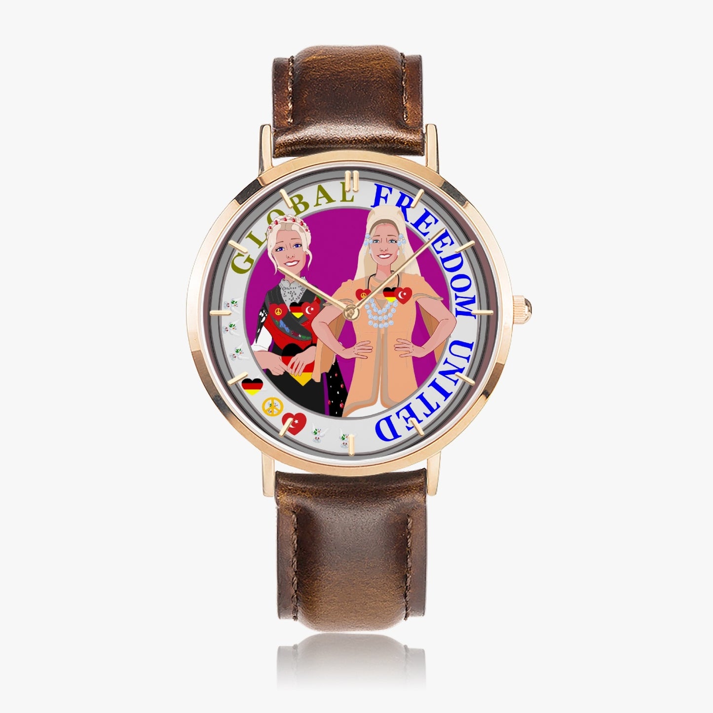 GLOBAL FREEDOM UNITED© Hot Selling Ultra-Thin Leather Strap Quartz Watch (Rose Gold With Indicators) Women Turkey & Germany