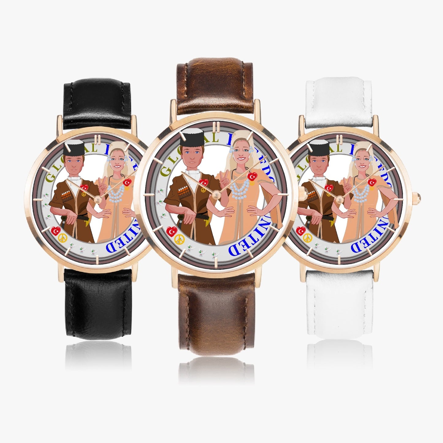 GLOBAL FREEDOM UNITED© Couple Turkey Hot Selling Ultra-Thin Leather Strap Quartz Watch (Rose Gold With Indicators)