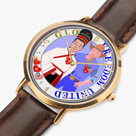 GLOBAL FREEDOM UNITED© Hot Selling Ultra-Thin Leather Strap Quartz Watch (Rose Gold With Indicators) Men China & USA