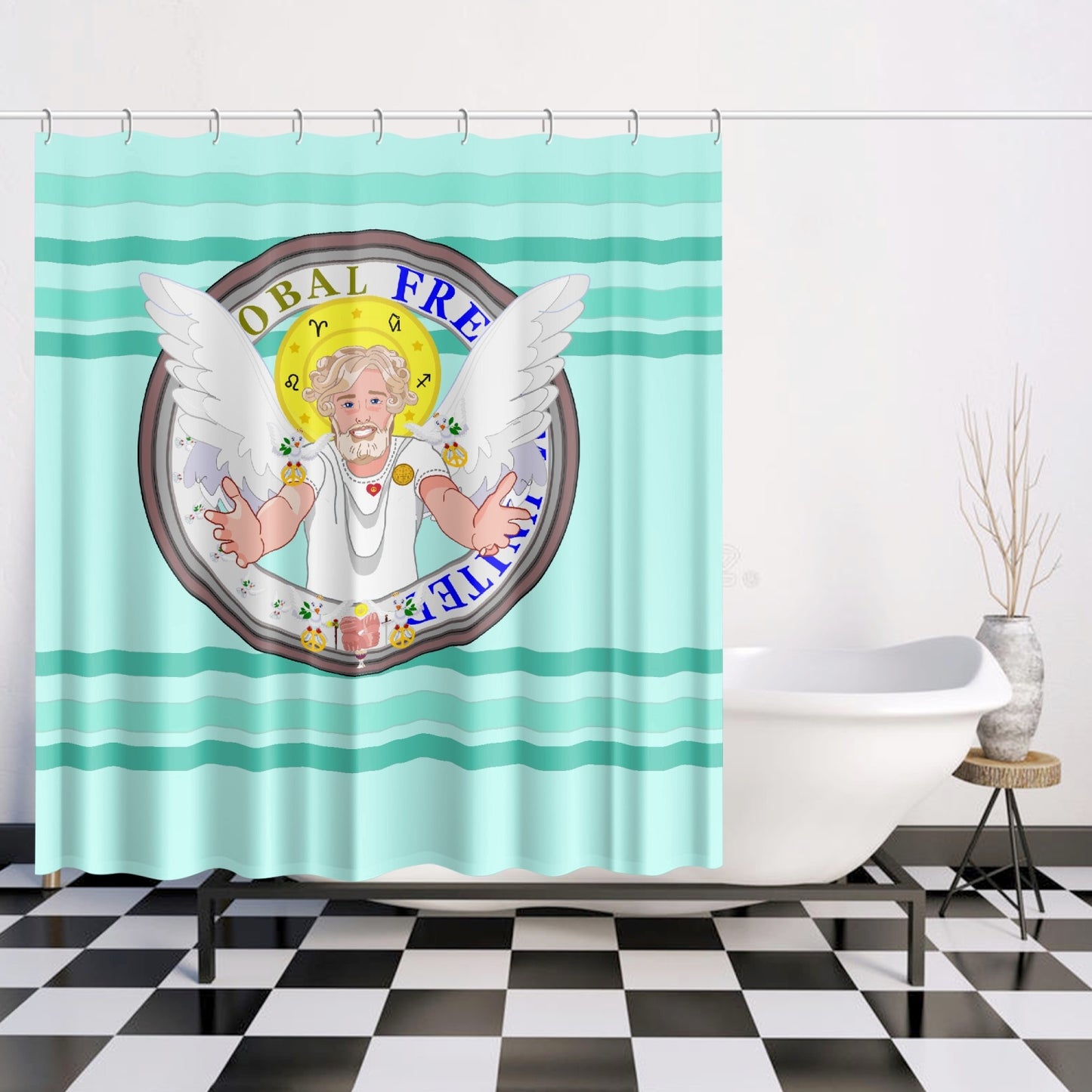 Quick-drying Shower Curtain GLOBAL FREEDOM UNITED© Archangel Uriel Light Green