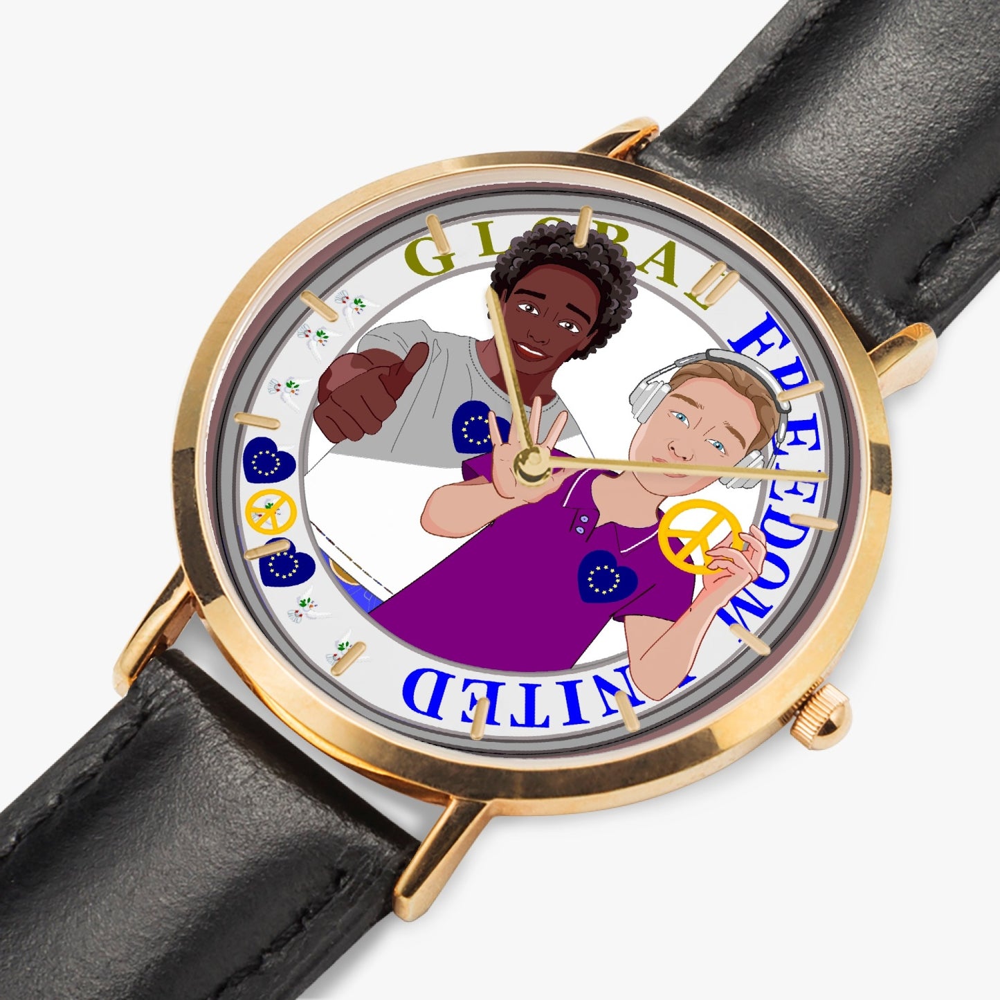 GLOBAL FREEDOM UNITED© Hot Selling Ultra-Thin Leather Strap Quartz Watch (Rose Gold With Indicators) Men ANTI FASCISM & RACISM EUROPE