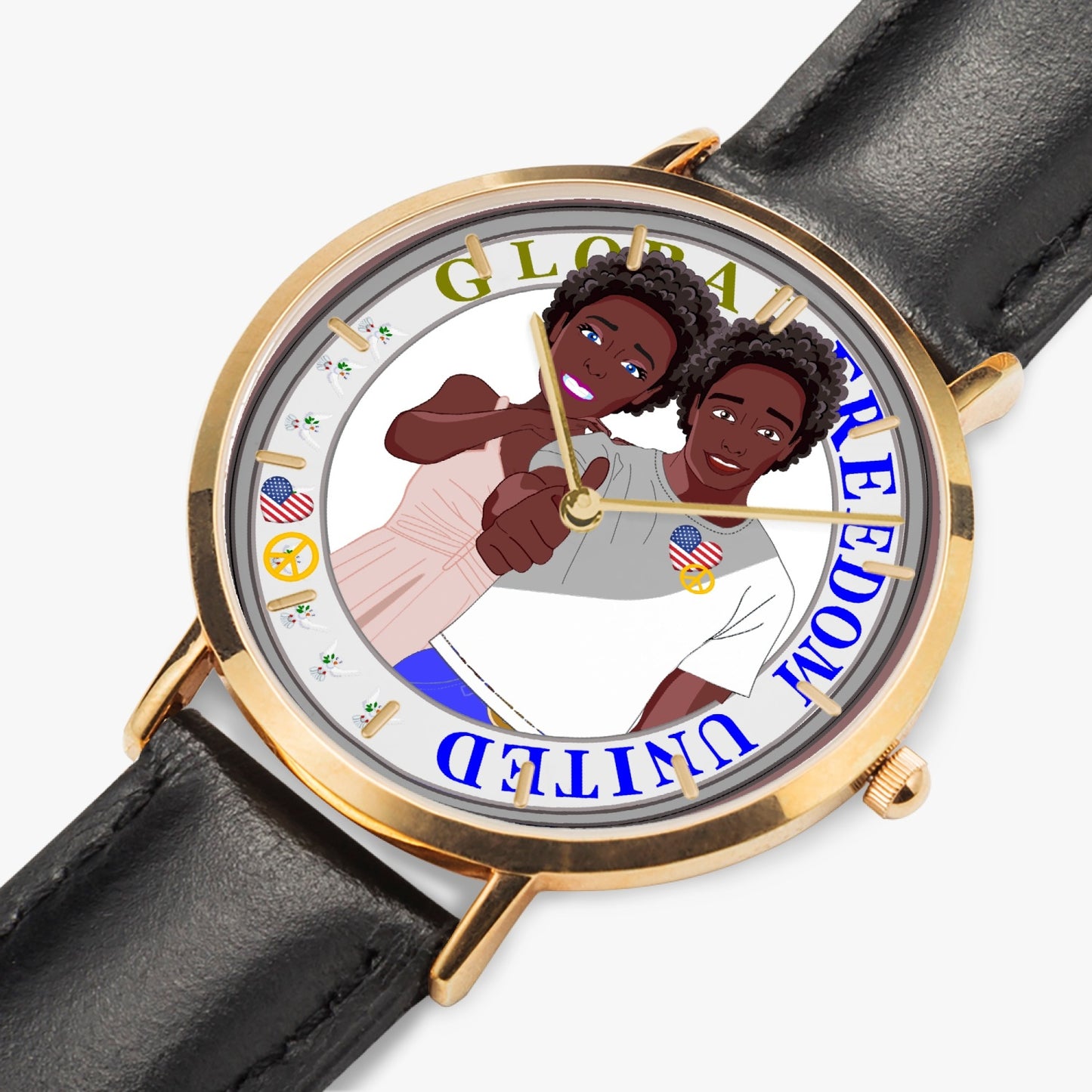 GLOBAL FREEDOM UNITED© Couple Afro American - Hot Selling Ultra-Thin Leather Strap Quartz Watch (Rose Gold With Indicators)
