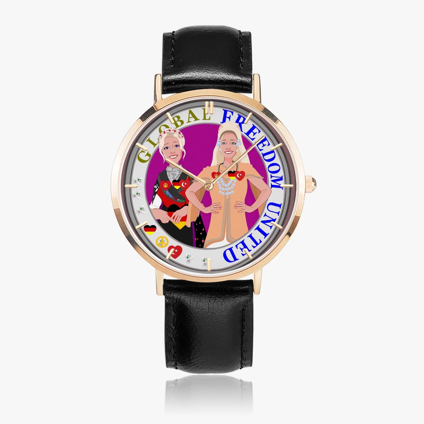 GLOBAL FREEDOM UNITED© Hot Selling Ultra-Thin Leather Strap Quartz Watch (Rose Gold With Indicators) Women Turkey & Germany