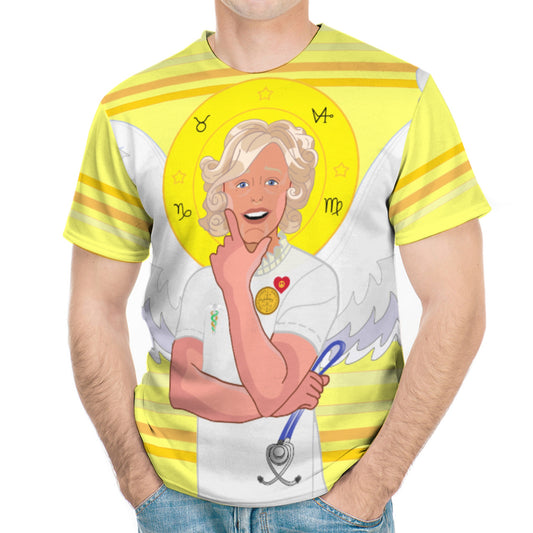 Men´s T-shirt GLOBAL FREEDOM UNITED© Archangel Gabriel Wight Dove Of Peace Serbia Yellow