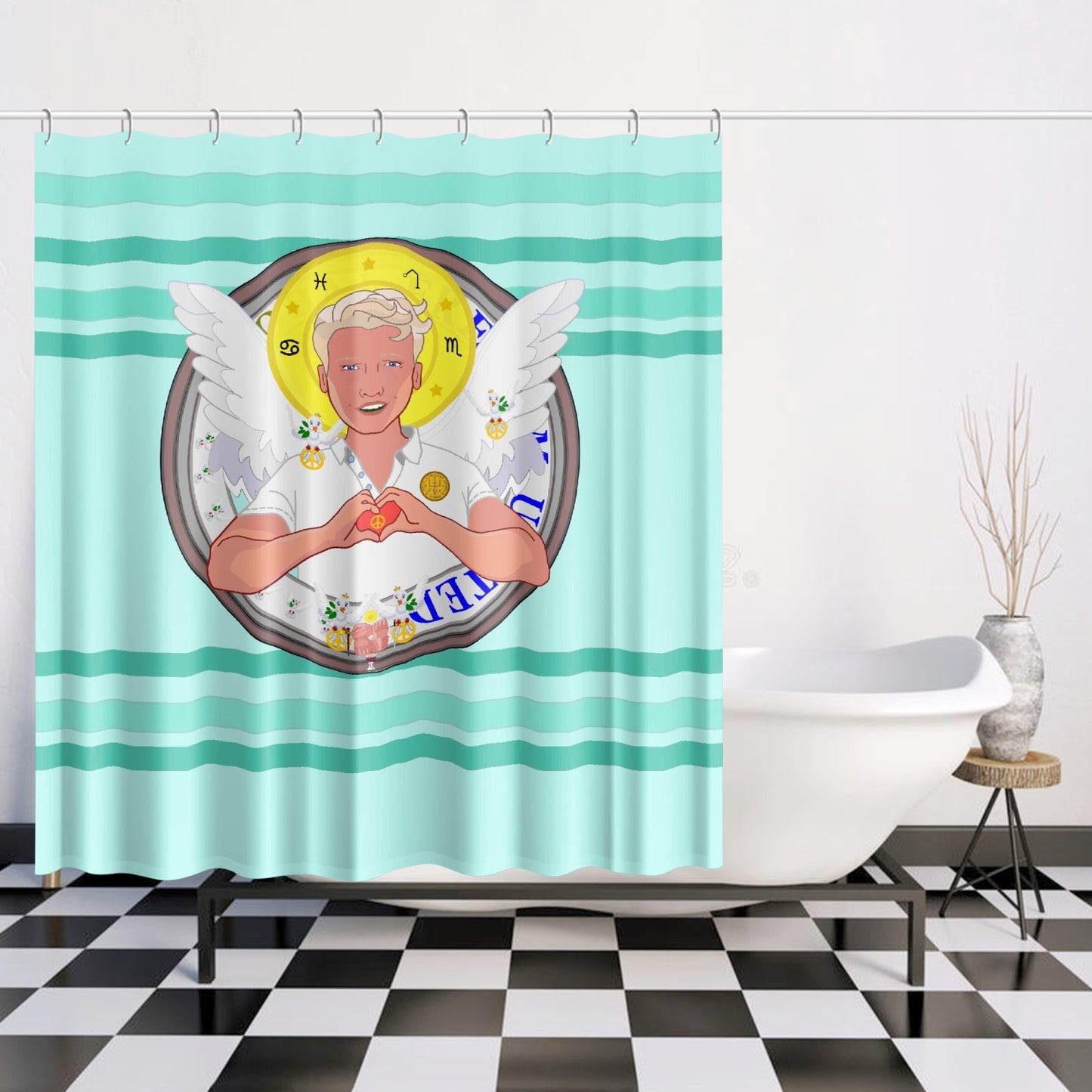 Quick-drying Shower Curtain GLOBAL FREEDOM UNITED© Archangel Rafael Light Green