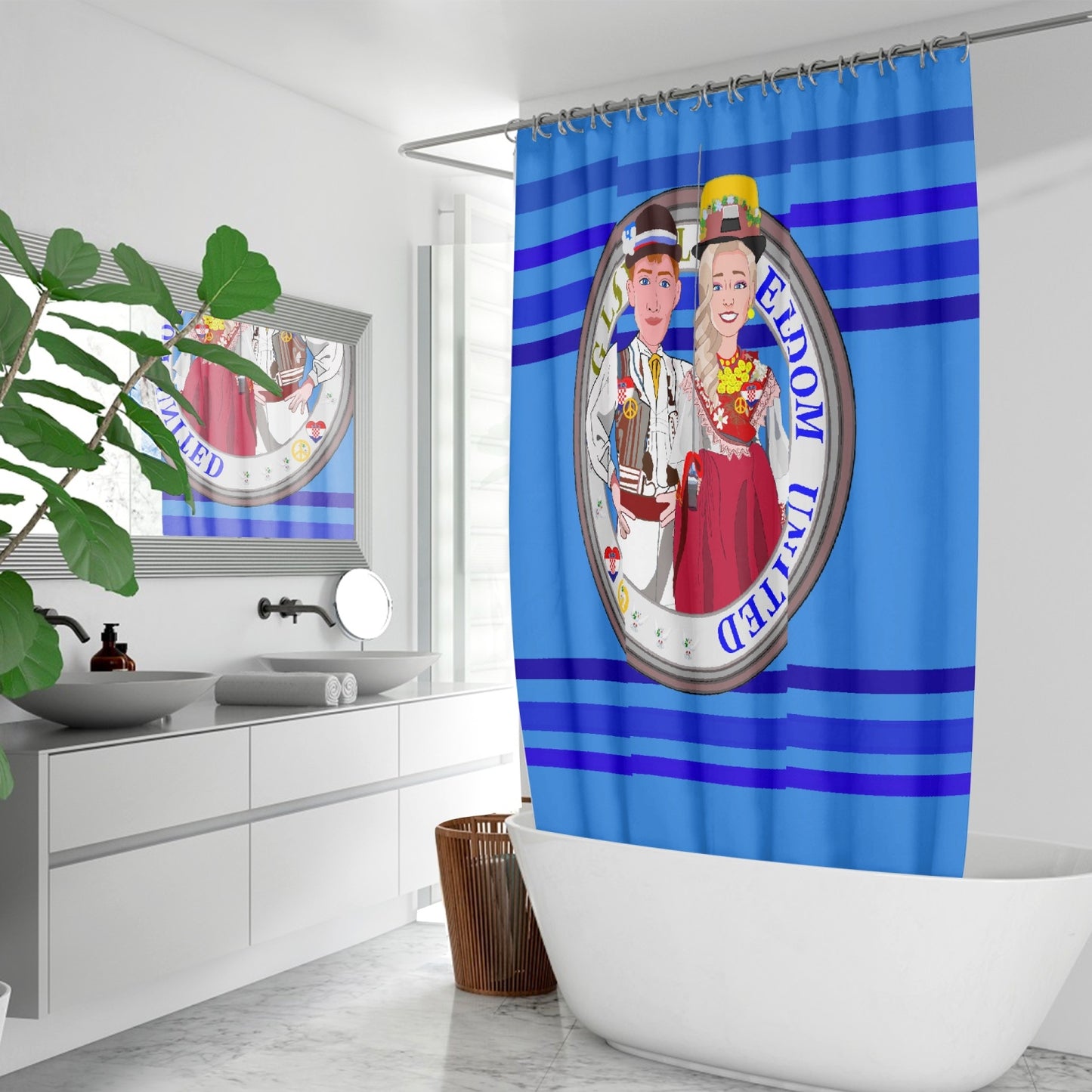 GLOBAL FREEDOM UNITED© Couple Croatia Deep Blue - Quick-drying Shower Curtain