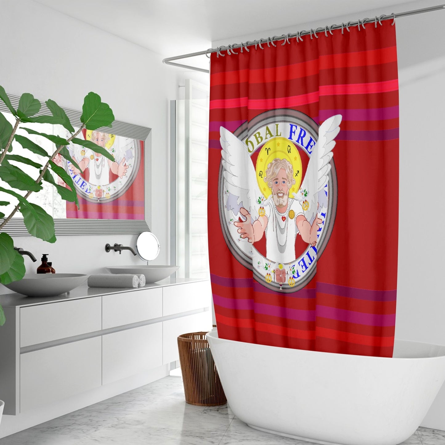 Quick-drying Shower Curtain GLOBAL FREEDOM UNITED© Archangel Uriel Red