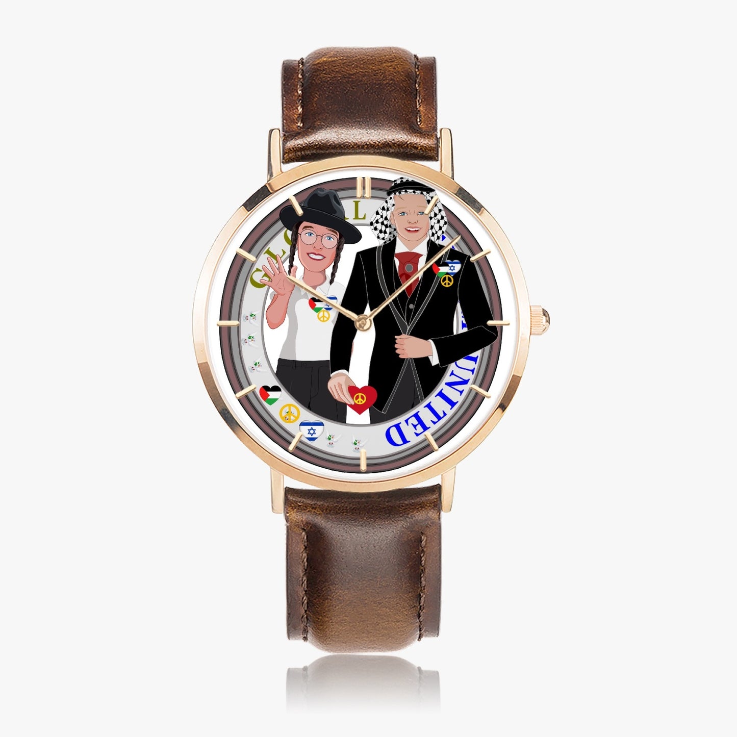 GLOBAL FREEDOM UNITED© Hot Selling Ultra-Thin Leather Strap Quartz Watch (Rose Gold With Indicators) Men Israel & Palestina