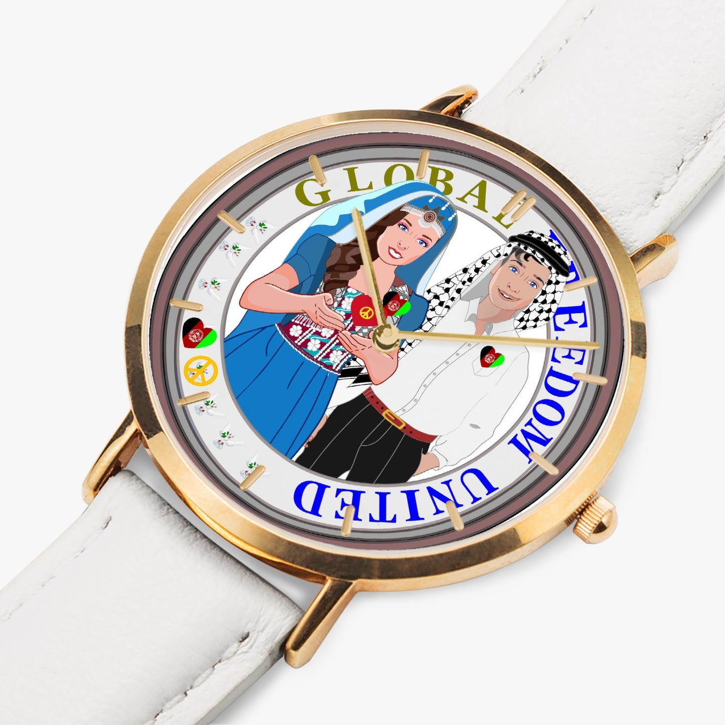 GLOBAL FREEDOM UNITED© Couple Afghanistan Hot Selling Ultra-Thin Leather Strap Quartz Watch (Rose Gold With Indicators)