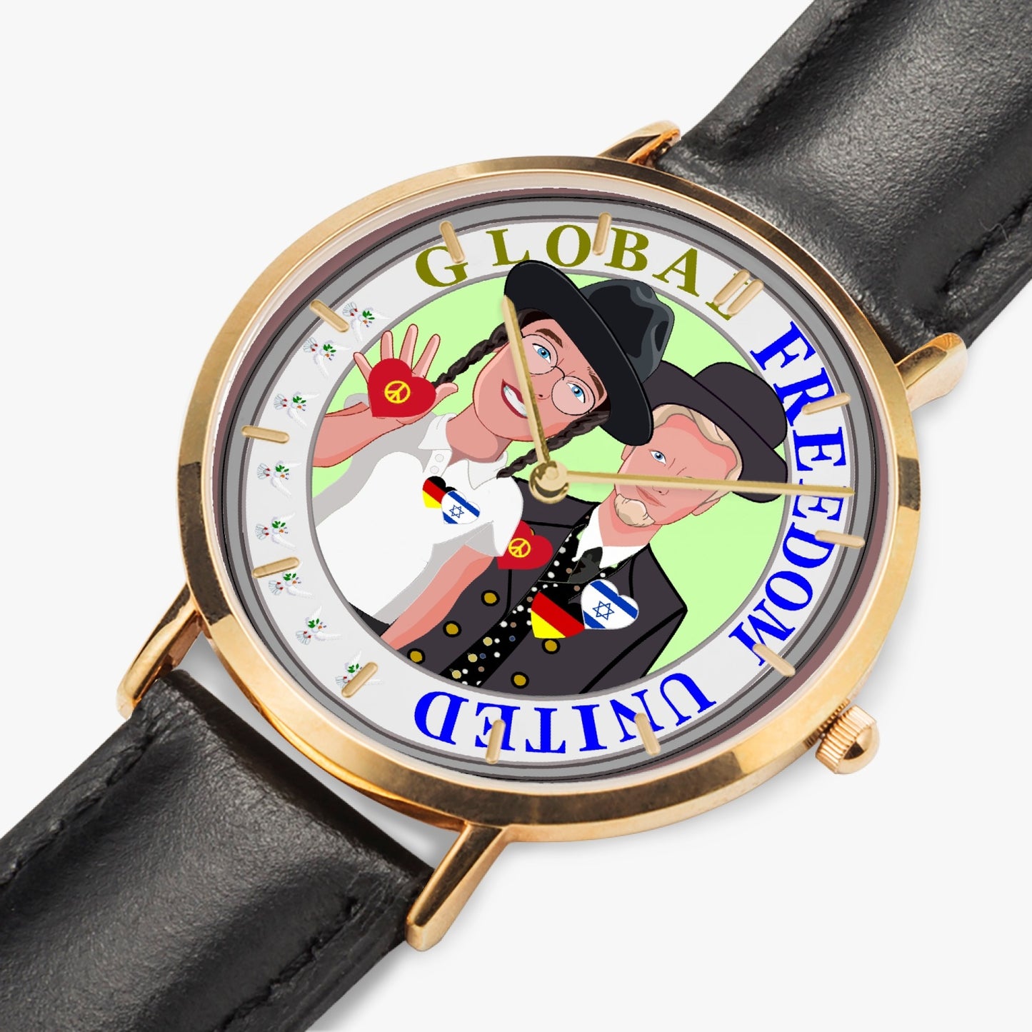 GLOBAL FREEDOM UNITED© Hot Selling Ultra-Thin Leather Strap Quartz Watch (Rose Gold With Indicators) Men Israel & Germany