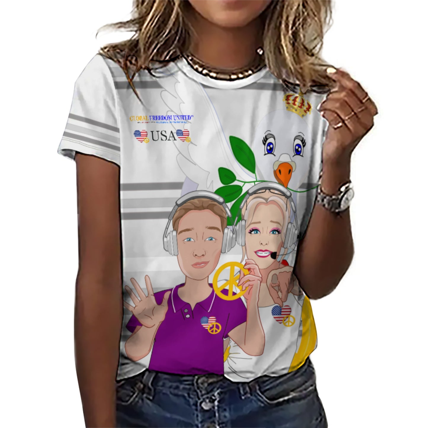 Women´s T-shirt 2 GLOBAL FREEDOM UNITED© Couple USA Wight American  Grey