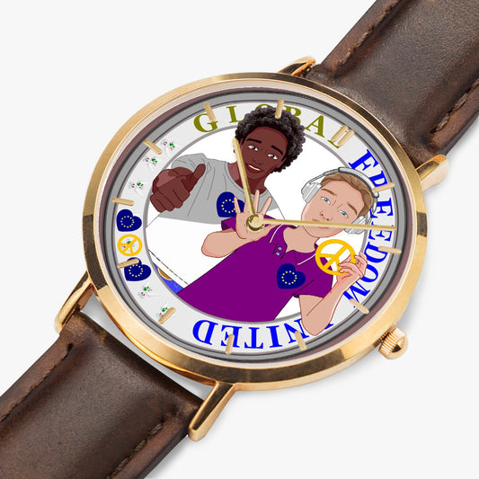 GLOBAL FREEDOM UNITED© Hot Selling Ultra-Thin Leather Strap Quartz Watch (Rose Gold With Indicators) Men ANTI FASCISM & RACISM EUROPE